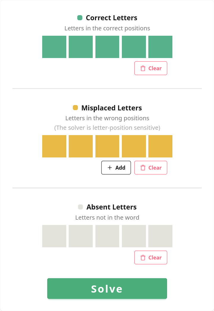 Wordle solver interface showing letter inputs